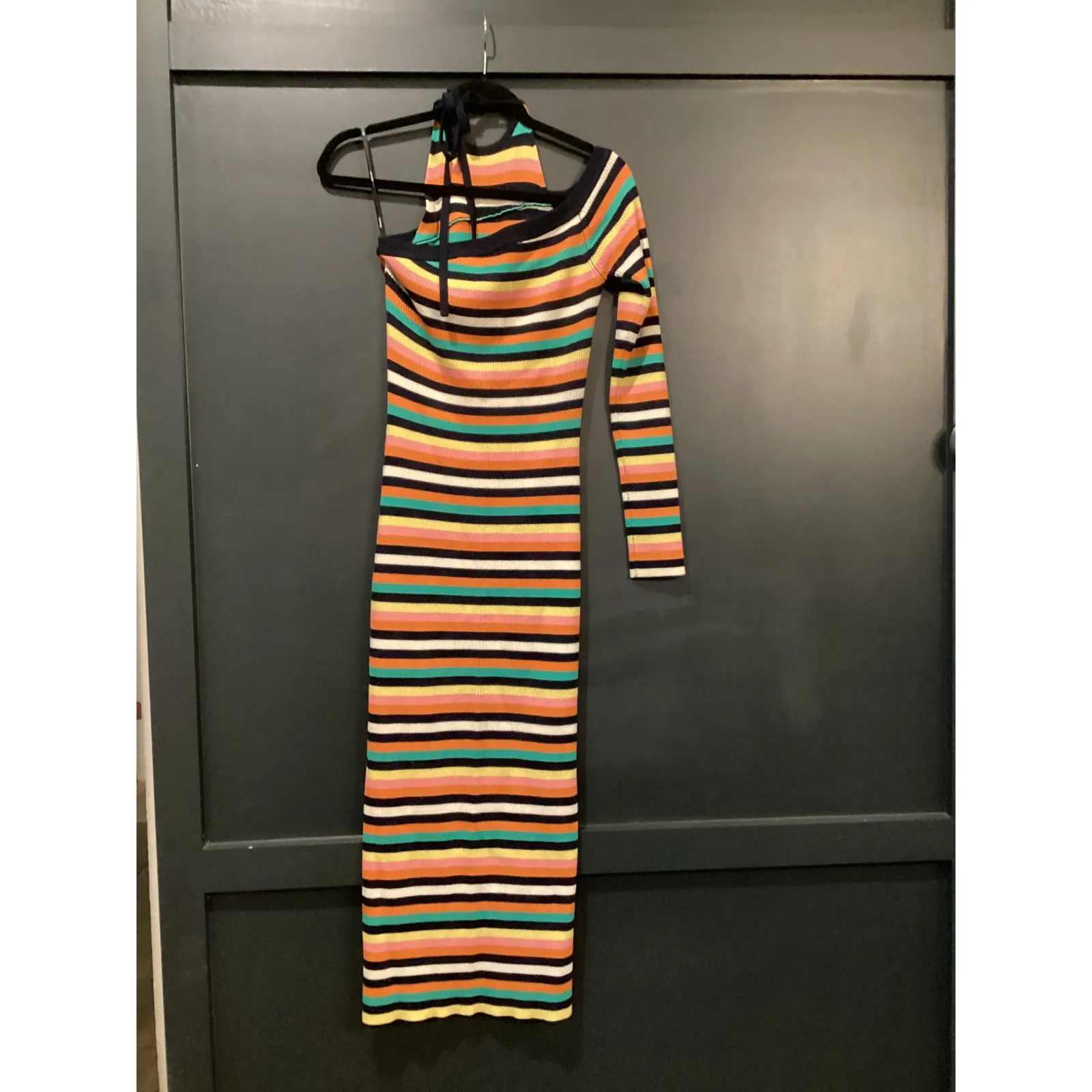 Revolve Monse Striped One Sleeve Halter wool Ribbed Knit Midi Dress Rainbow L Green Size L - Image 4