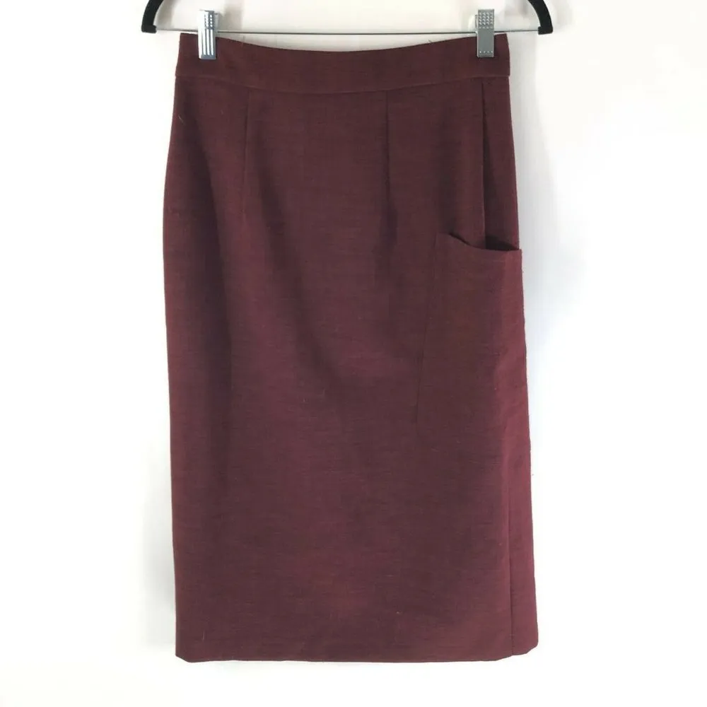 Asos Pencil Skirt Faux Wrap Midi Buckle Pocket Stretch Burgundy Size 4 - Image 2