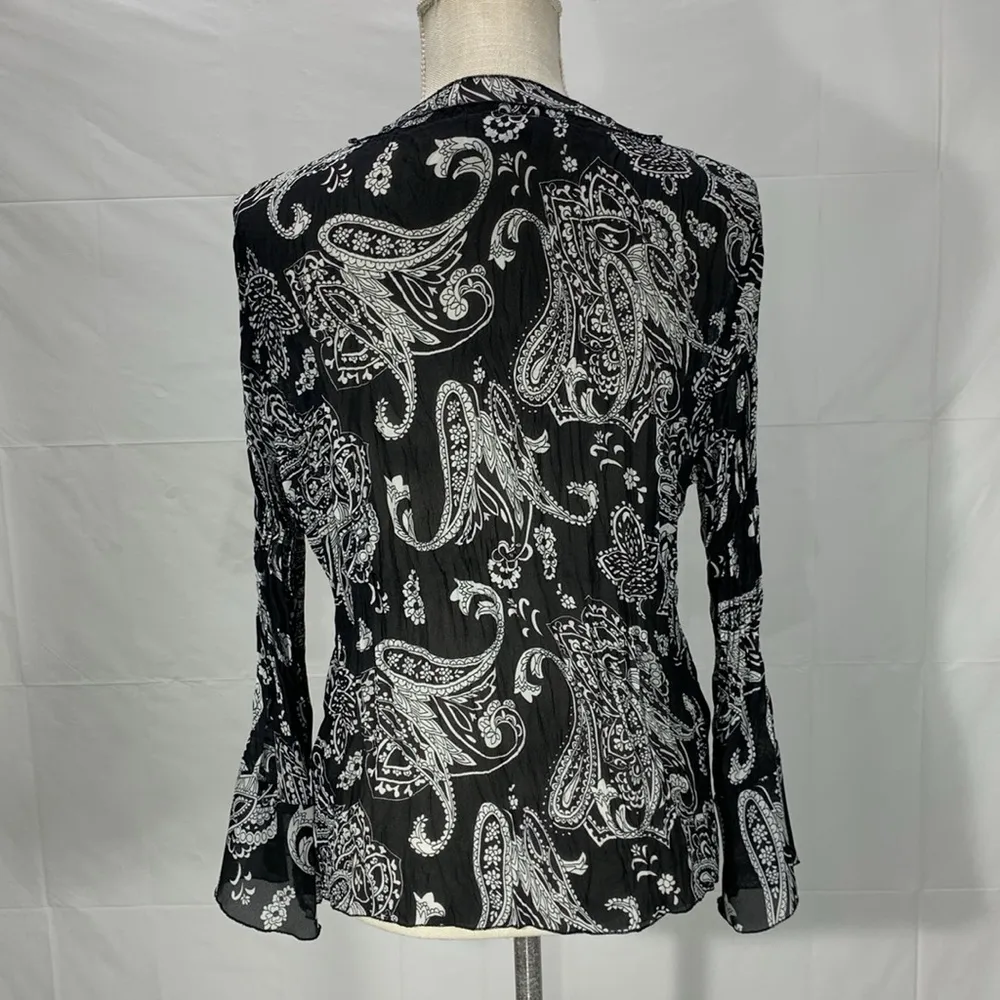 Black White Semi Sheer Paisley Print Long Sleeve Blouse Size Large - Image 8