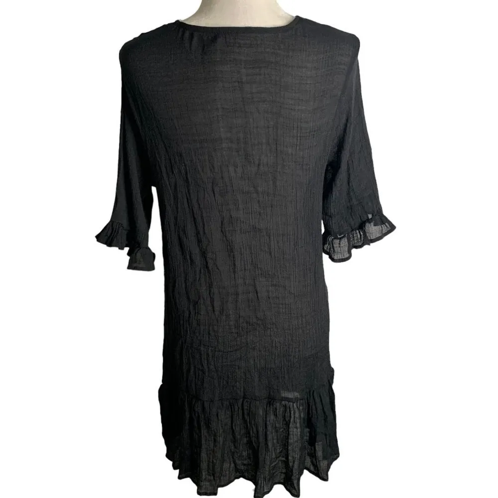 Cupshe Button Up Sheer Swim Cover Up Dress M Black Short Sleeve Ruffle V Neck - Image 4