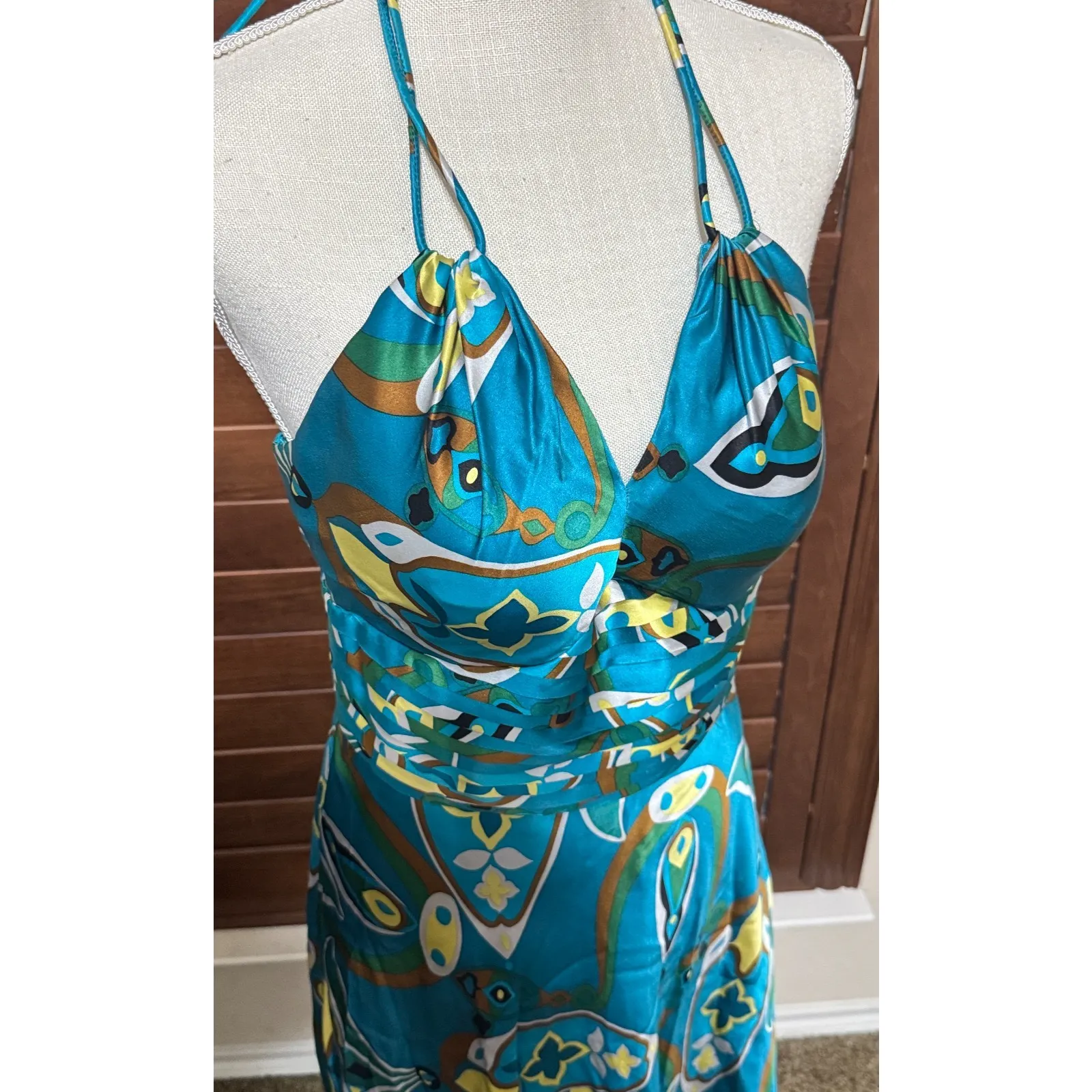 Y2K Morrell Maxie Dress 100% silk sz 8 Teal Satin Halter Cocktail party Fairy Blue - Image 2