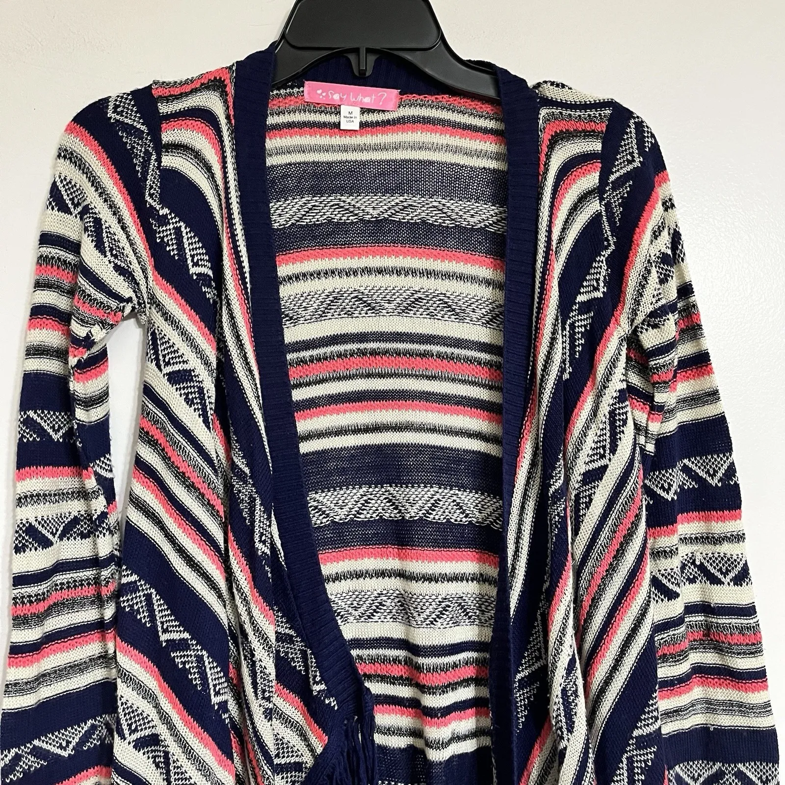 Say What Oversize Open Front Fringe Striped Cardigan Size Medium Pink & Blue - Image 2