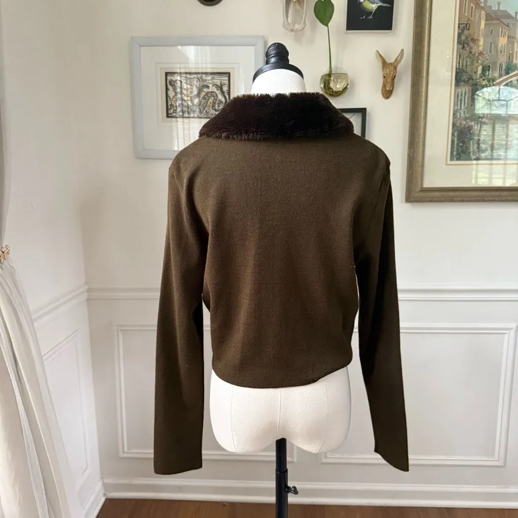 Vintage 90s Lennie Nina Leonard Cropped Faux Fur Collar Cardigan M Brown Size M - Image 5