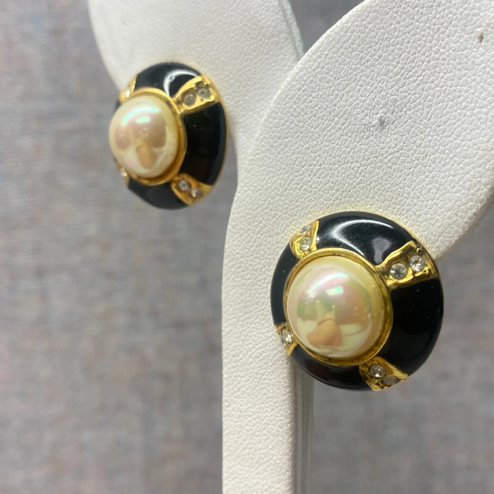 Vintage Signed Roman Black Gold Faux Pearl Rhinestone Stud Earrings Art Deco - Image 3