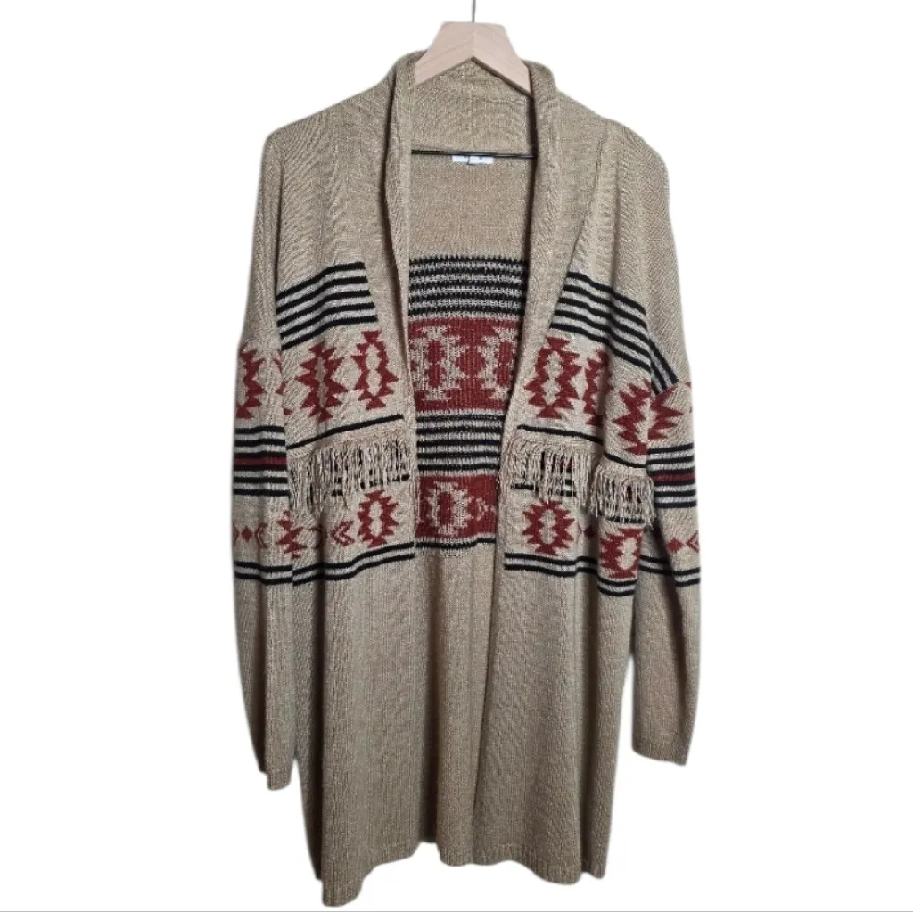 Maurices Aztec Geo Duster Long Fringe Cardigan Sweater Boho Western Brown Small - Image 2