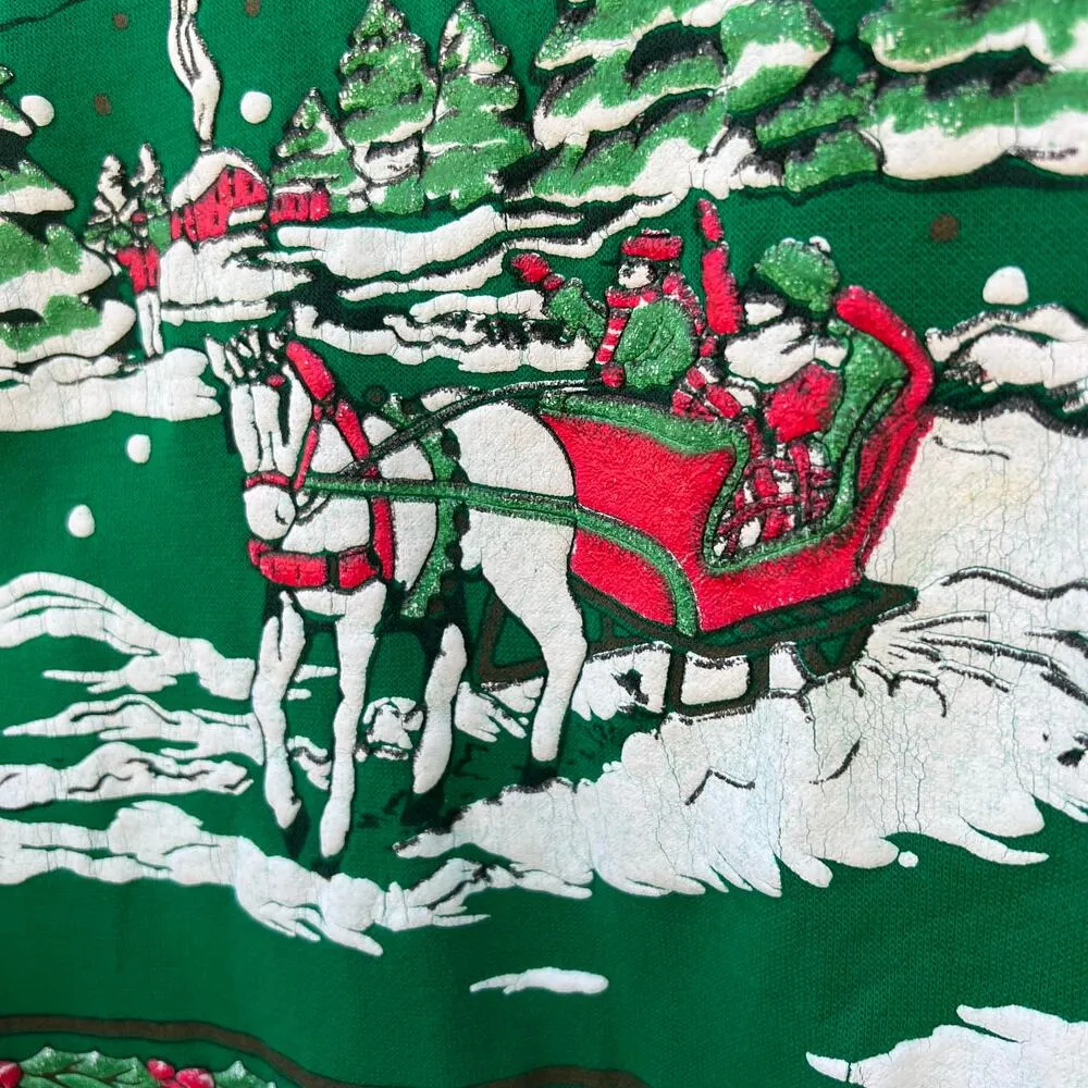 VTG puff print Christmas holiday scene sleigh ride in the mountains sweatshirt M Green Size M - Image 2