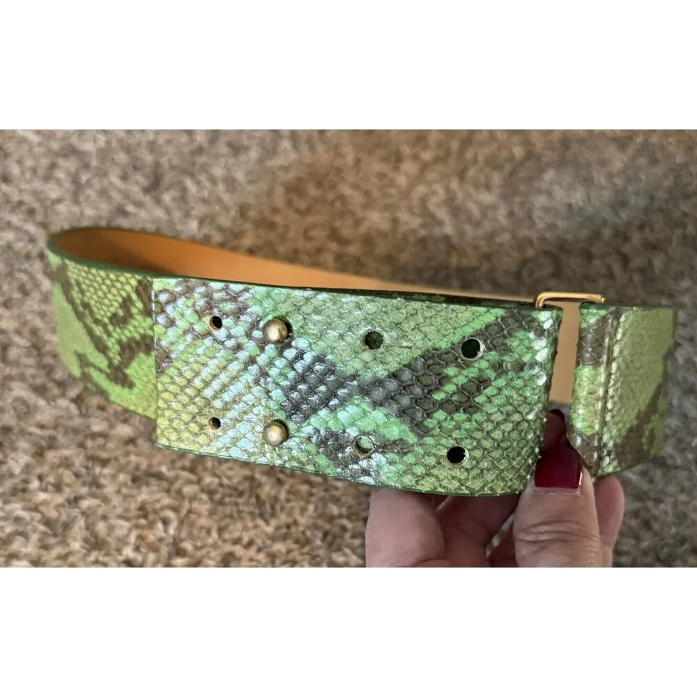 W. Kleinberg Vegan Leather Belt Size Small Embossed Python Lime Green Brown - Image 2