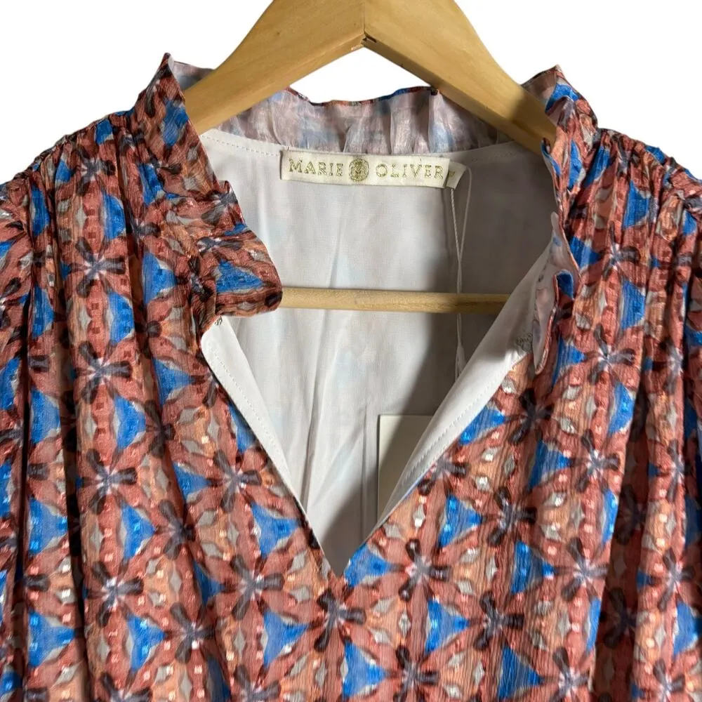 Marie Oliver Alana Floral Kaleidoscope Silk Long Sleeve Ruffled Mini Dress XXS - Image 4