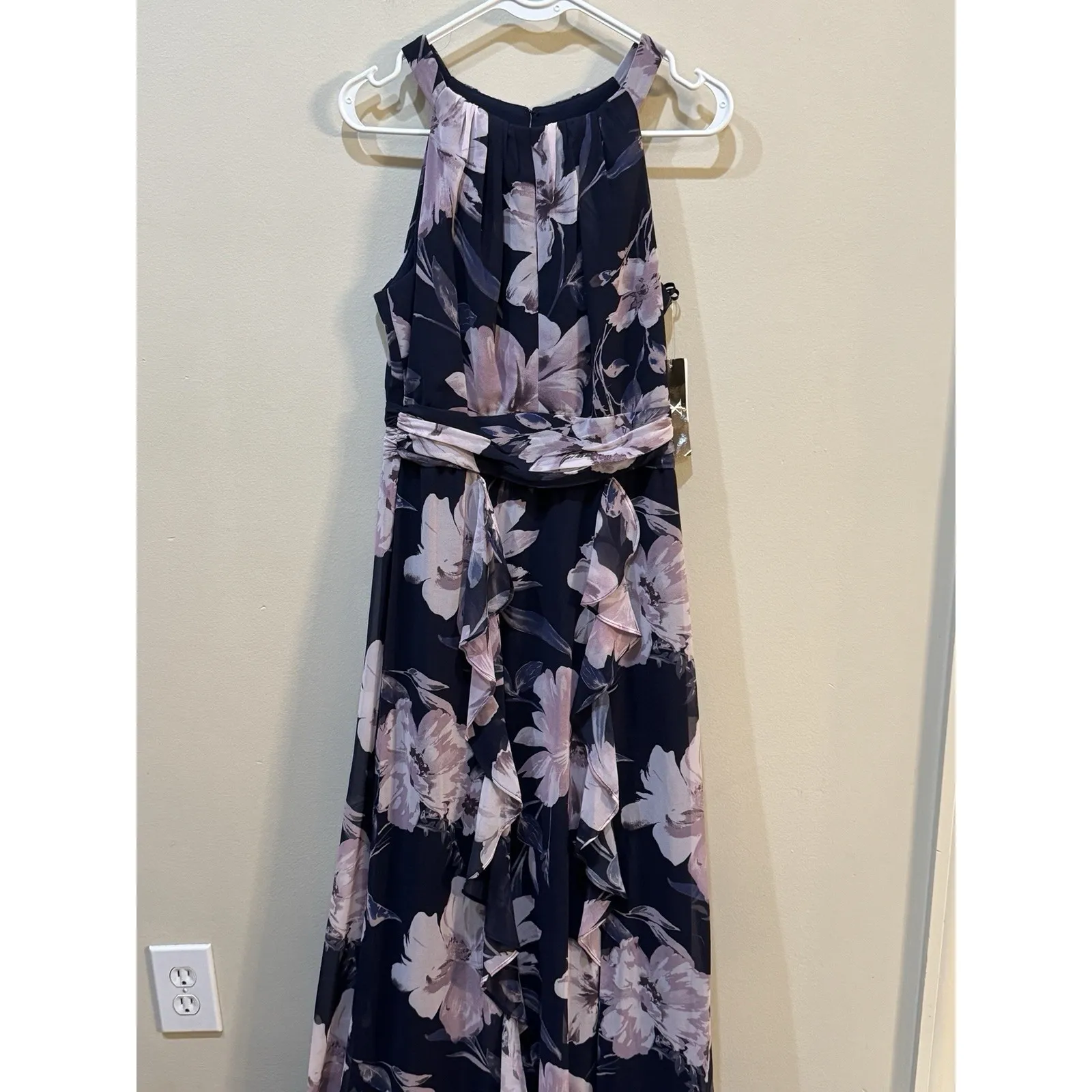 Xscape‎ Women's Blue Floral Chiffon Halter-Neck Gown Dress Size 6 Ruffle - Image 3
