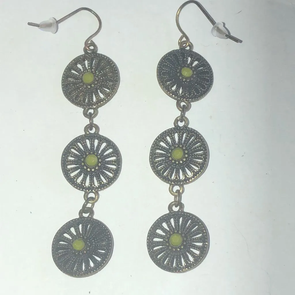 Brass Tone Green Stone Dangling Boho Cutout Pierced Earrings - Image 4