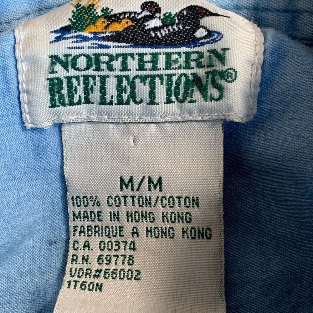 Vintage 90s Embroidered Chambray Denim Shirt Button Down Floral Long Sleeve Blue Size M - Image 10