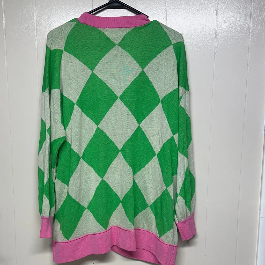 First Love Green and Pink Argyle Cardigan - Image 5