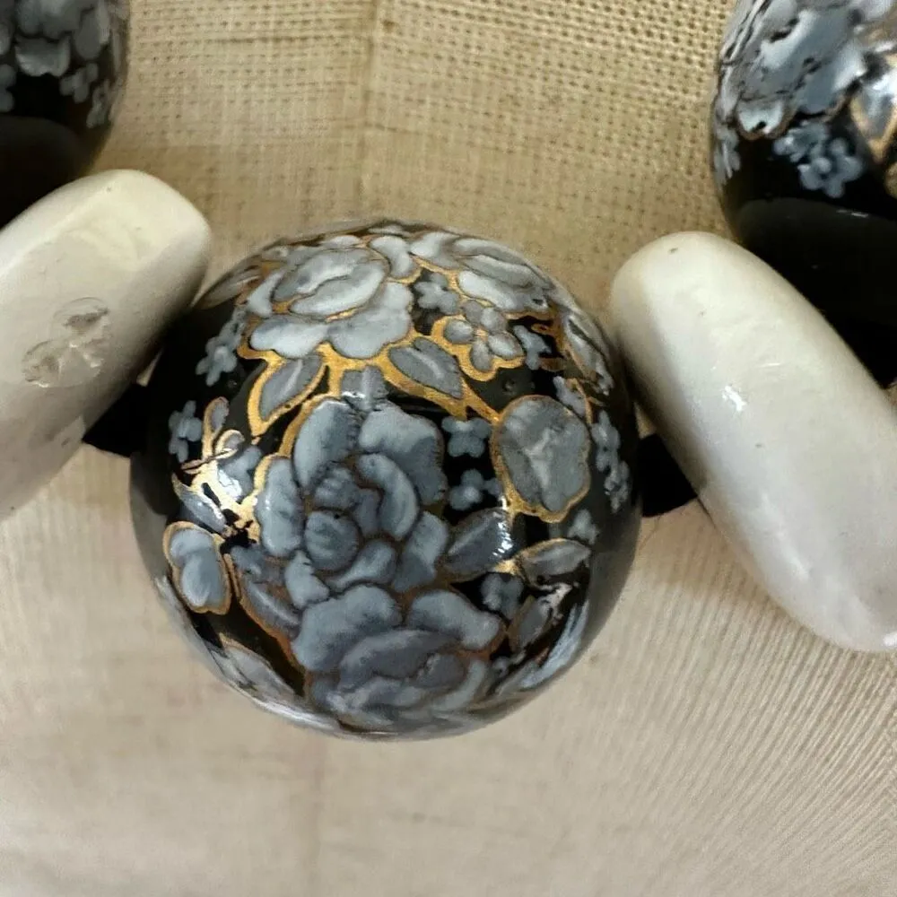 Black floral and white beaded necklace on black cord - Image 5