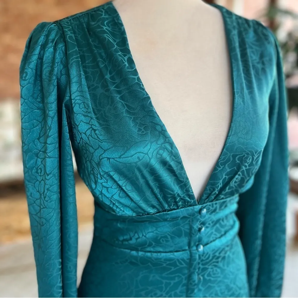 Bebe Mini Dress Bodycon Satin Jacquard Teal Blue XS Cocktail Low Plunging Neck - Image 5