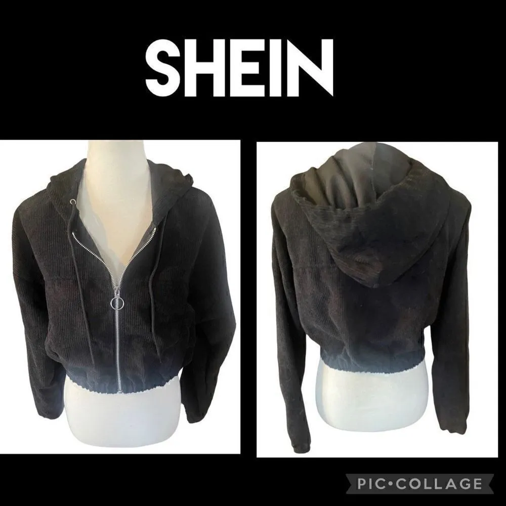SHEIN Black Cropped Corduroy Hooded Long Sleeve Full Zip Jacket Size Small-NWOT - Image 2