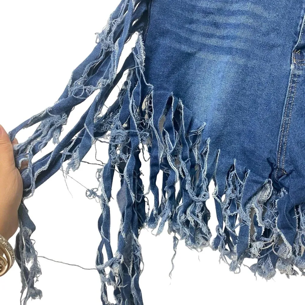 Women's Fringe Shorts Distressed Denim Short Size M Blue Grunge Handcut Size M - Image 7