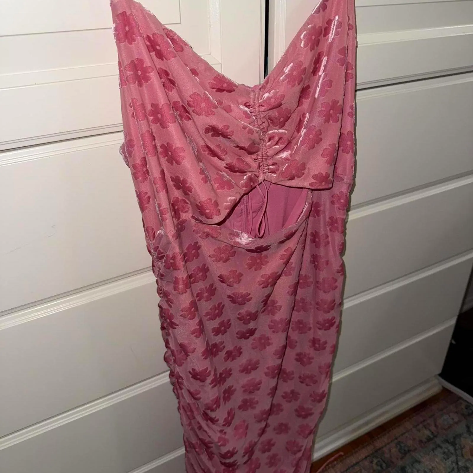 For Love & Lemons Pink Lusk Floral Burnout Velvet Ruched Cutout Mini Dress Size XL - Image 3