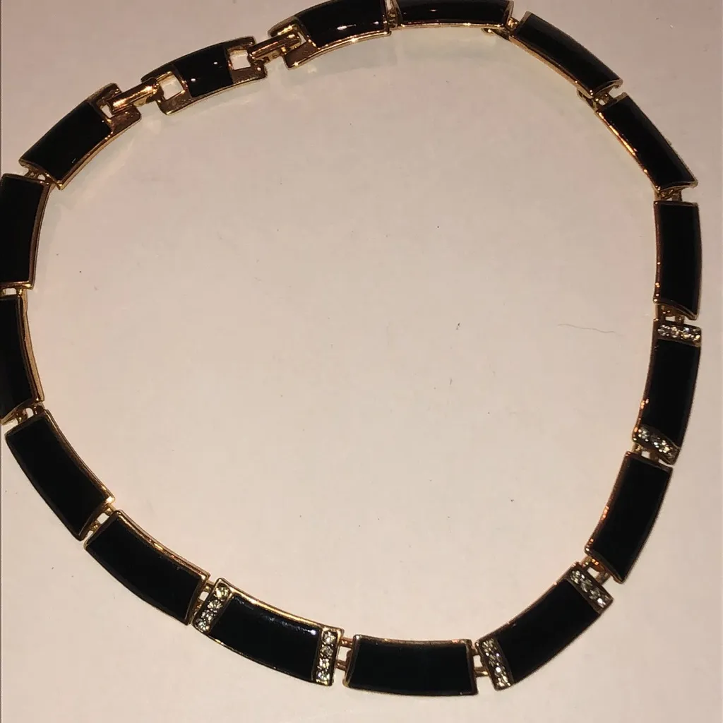 Elegant Vintage Black Enamel and Gold Tone Rhinestone Retro Necklace - Image 2