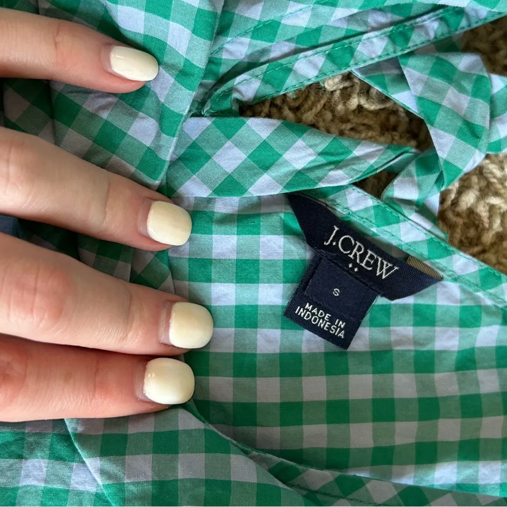 J. Crew Preppy Coastal Blue Green Gingham Bow Back Peplum Tank Top - Image 8