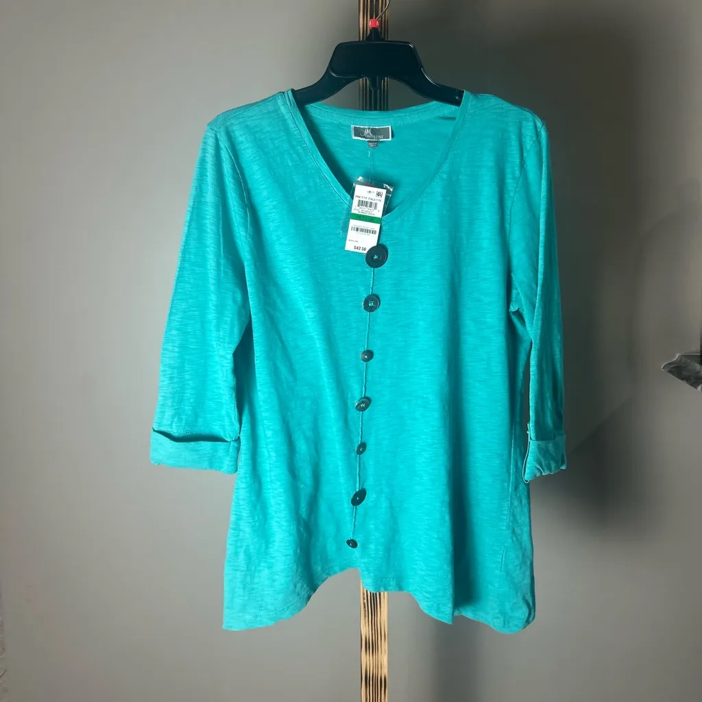 JM Collection Turquoise Button 3/4 Sleeve Work Top Size Petite Large NWT - Image 2