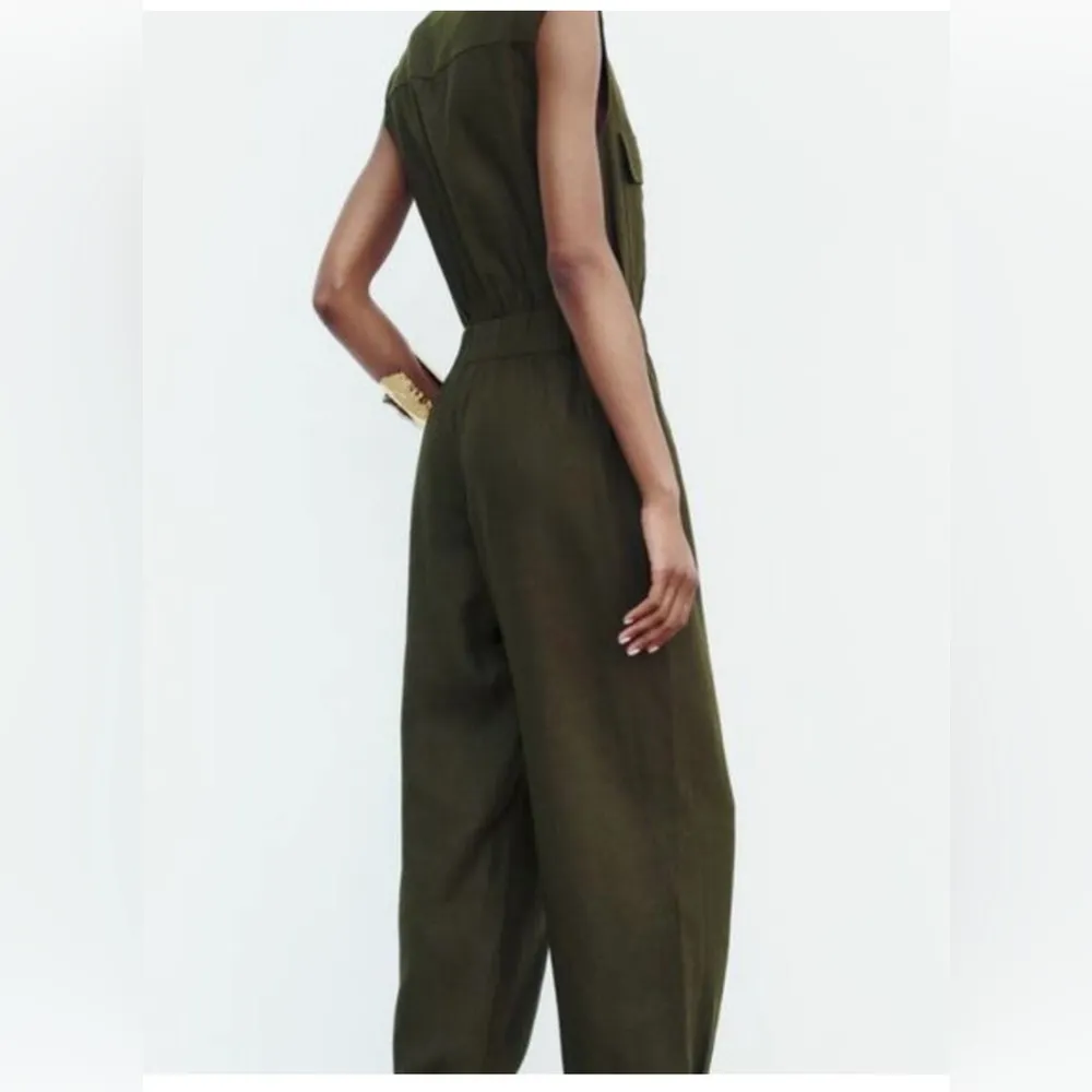 Zara Jumpsuit Dark Green Button-Up Linen Blend  Size XL - Image 5