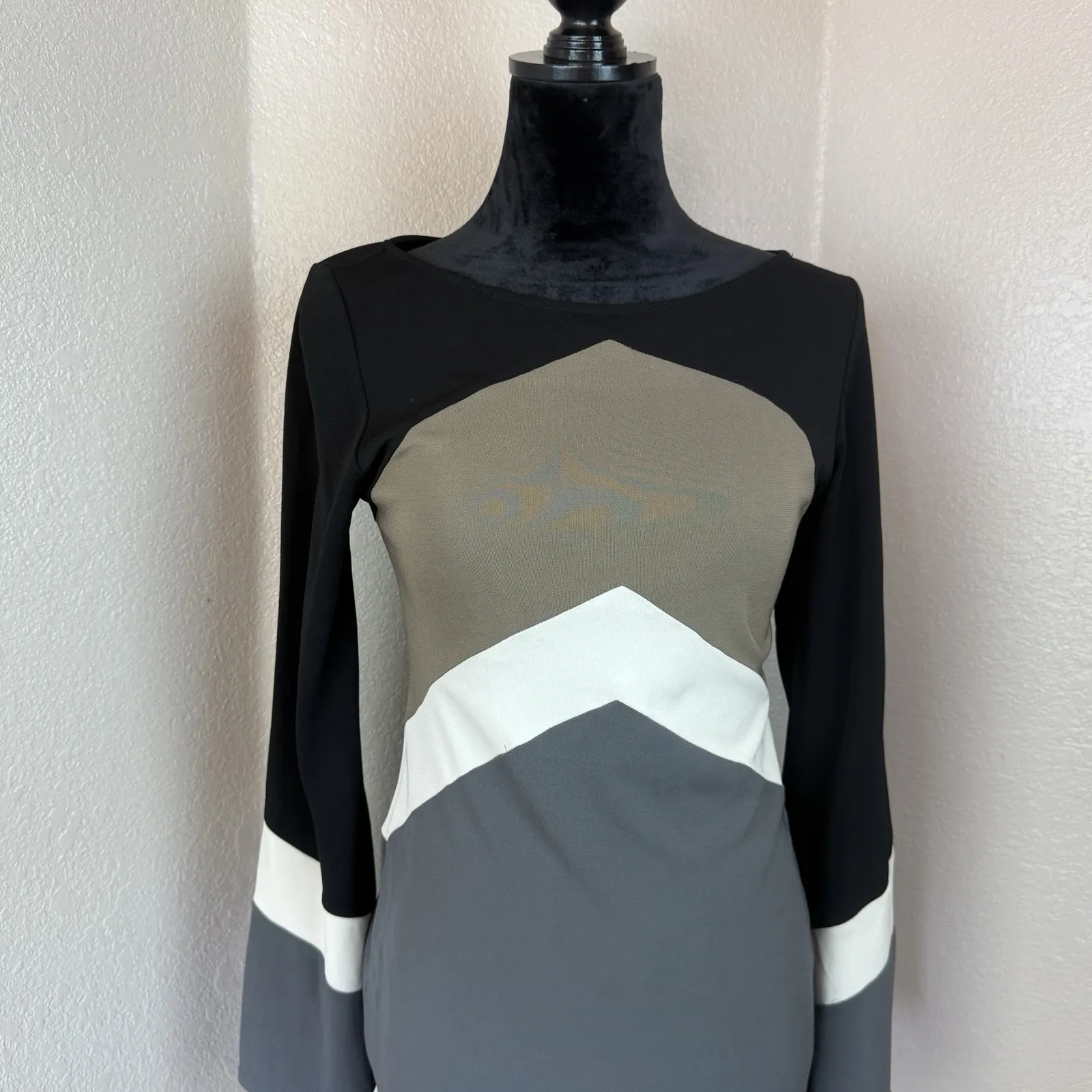 Hale Bob Color Block Sheath Dress Small Neutral Bell Sleeve Office Work Cocktail - Image 2