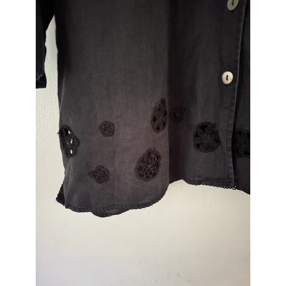 Edward Woman 100% Linen Button Front Short Sleeve Top Women’s Size 1X Crochet Black - Image 5