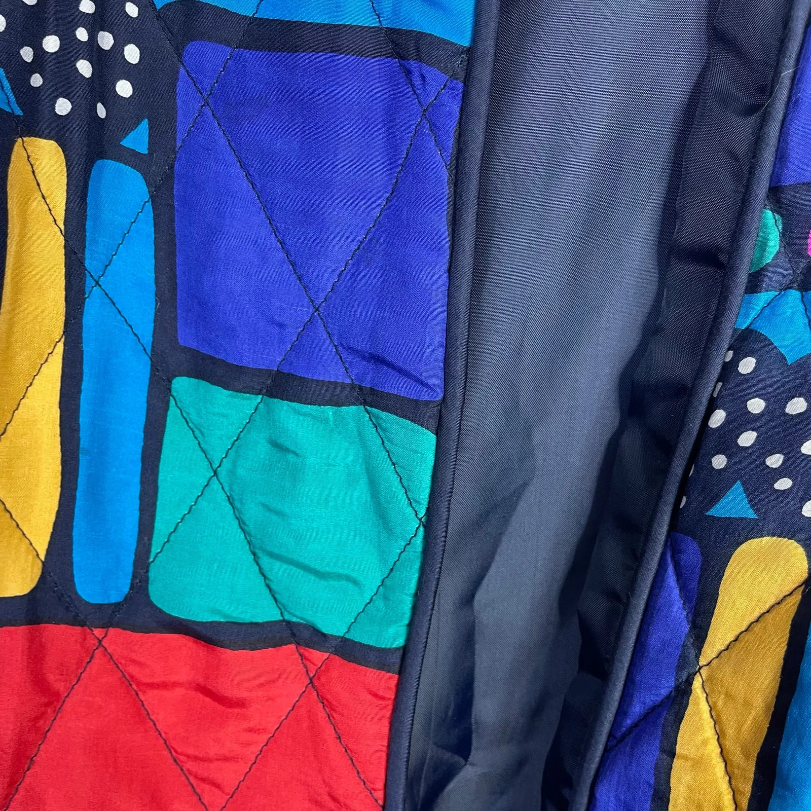 Vintage Rhoda Lynne Quilted Silk Open Jacket 90s Colorful Oversized Womens S Blue - Image 6