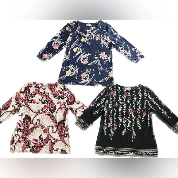 JM Collection bundle of three women's blouses in cream, black and blue large - Image 2