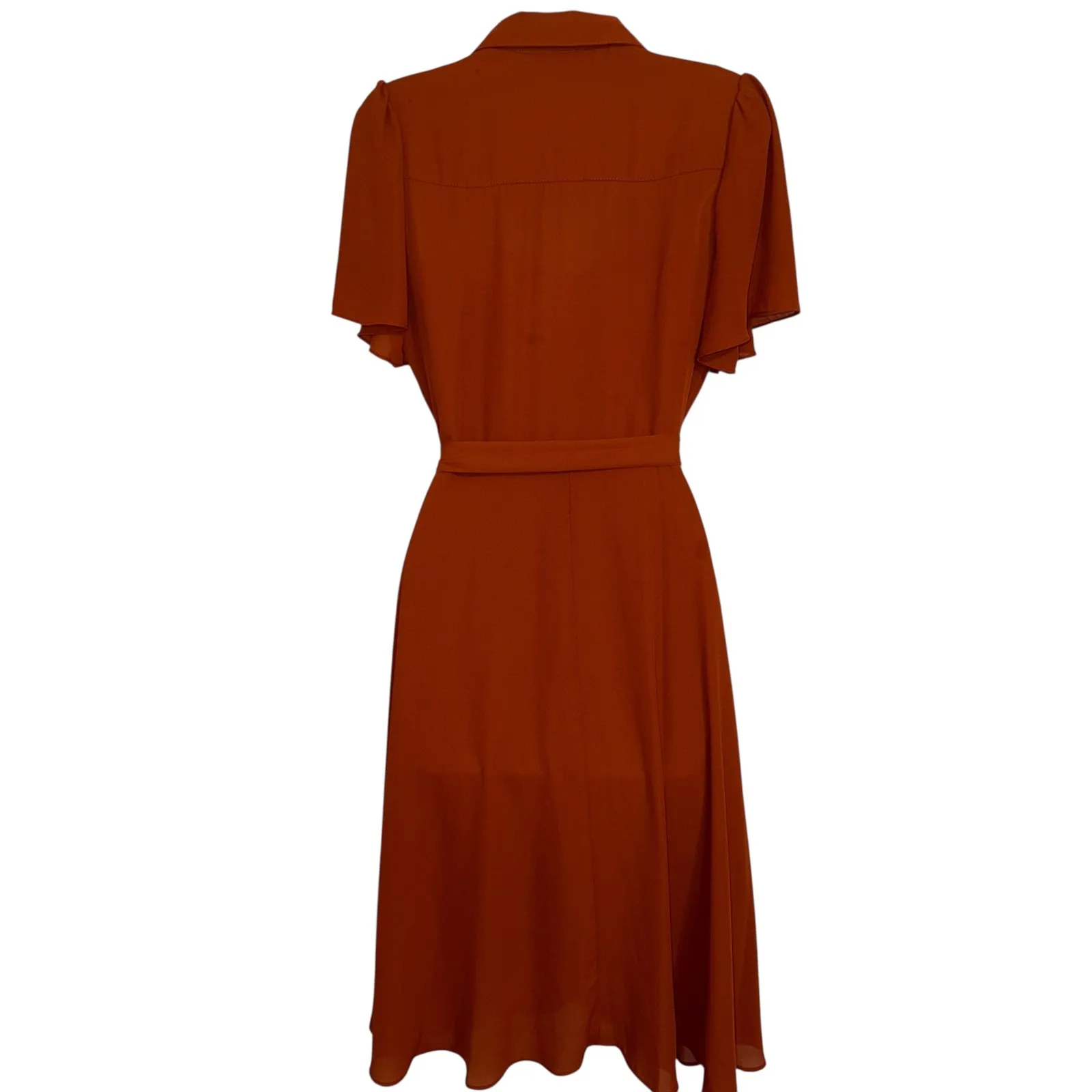 NANETTE LEPORE‎ Rust Midi Dress Tie Belt Flutter Sleeves Shell EUC Size 6 - Image 7