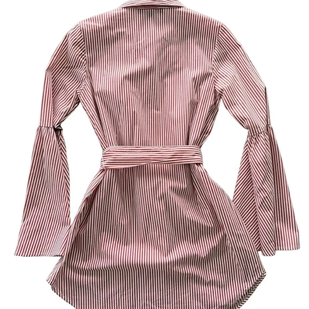 Forever 21 Contemporary Red White Shirt Dress Size Small Belted Bell Sleeve - Image 6