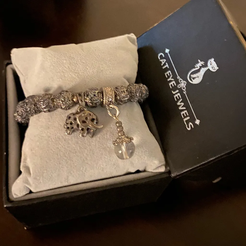 Tibetan Silver Elephant Charm Bracelet | Quartz Accent | Unisex Spiritual - Image 2