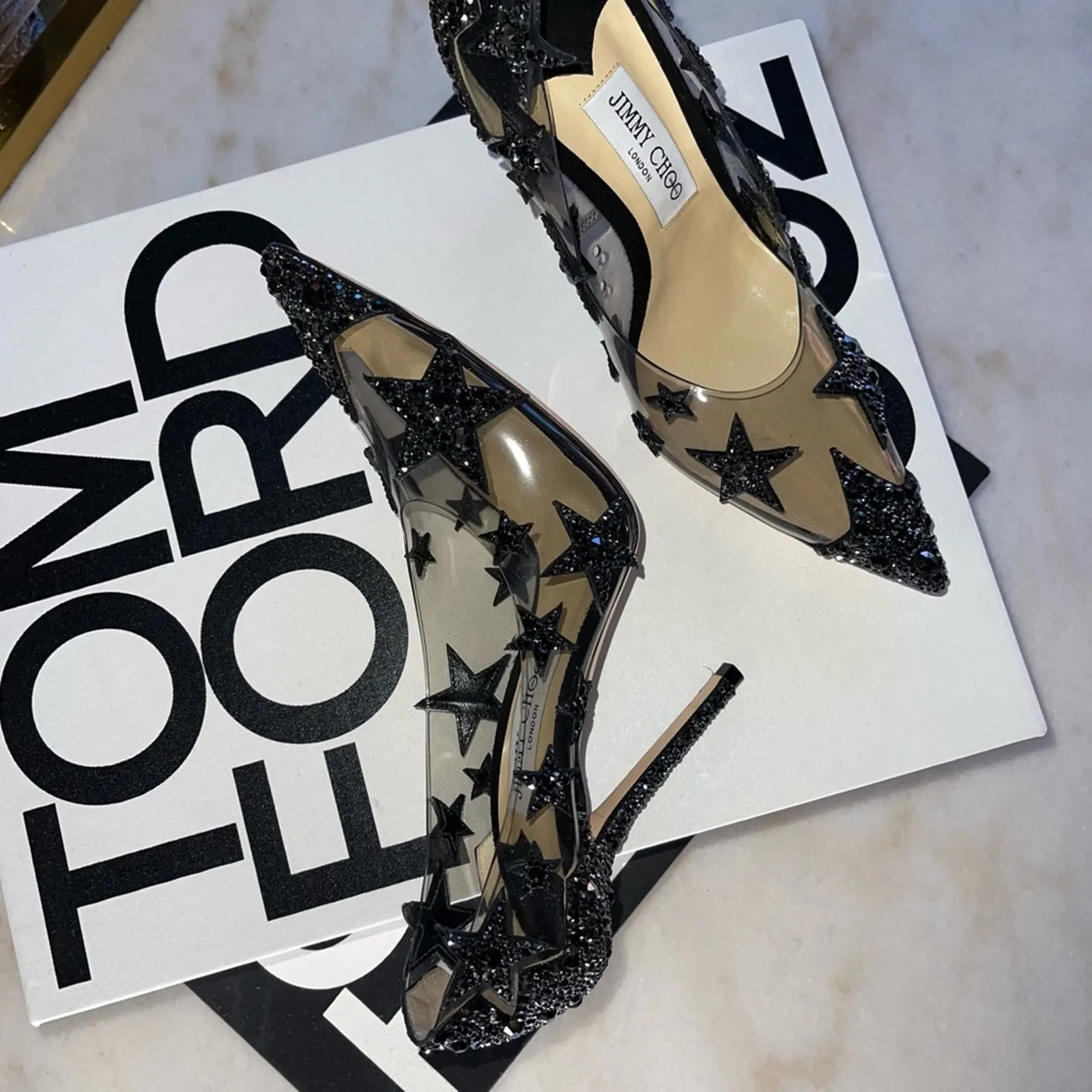 New Jimmy Choo Lisha 100 Black Smoke Mix Plexi Star Patchwork Pumps w Crystals - Image 5