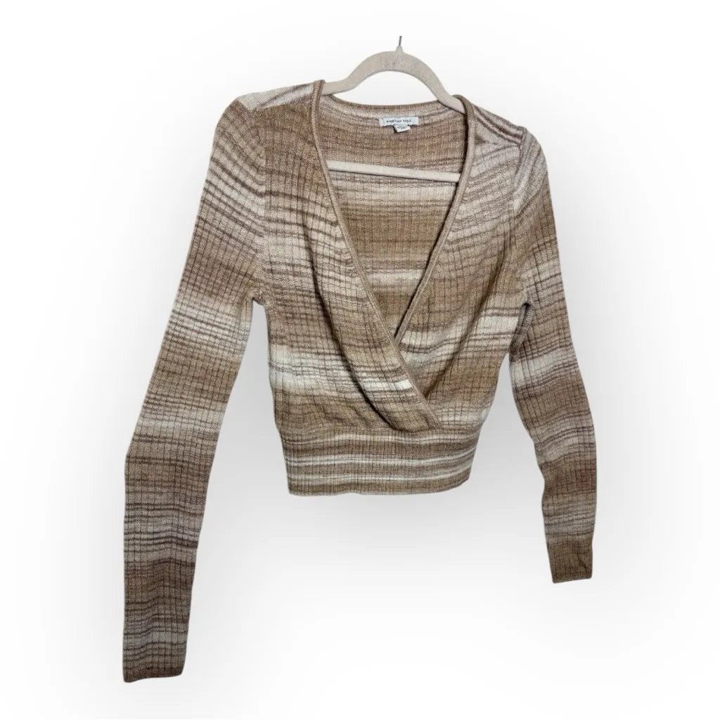 American Eagle Brown Ombre Ribbed Wrap Knit Top Soft Girl Cozy Minimalist L - Image 2