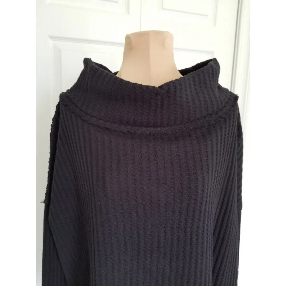 Free People Juicy Long Sleeve Black Waffle Knit Cowl Neck Size XS - Image 3