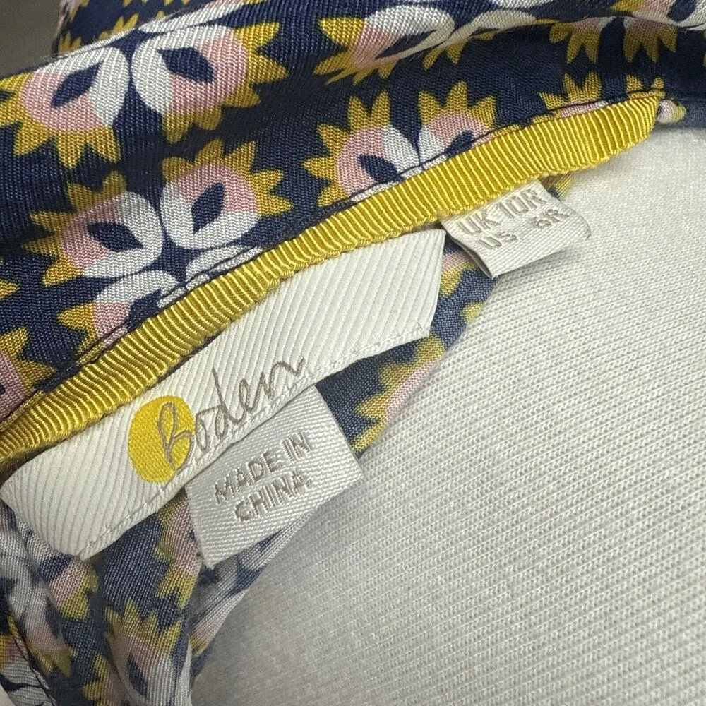 Boden Lily Top Size 6 Blue Gold Broad Bean Tile Print Blouse Satin Long Sleeve - Image 6