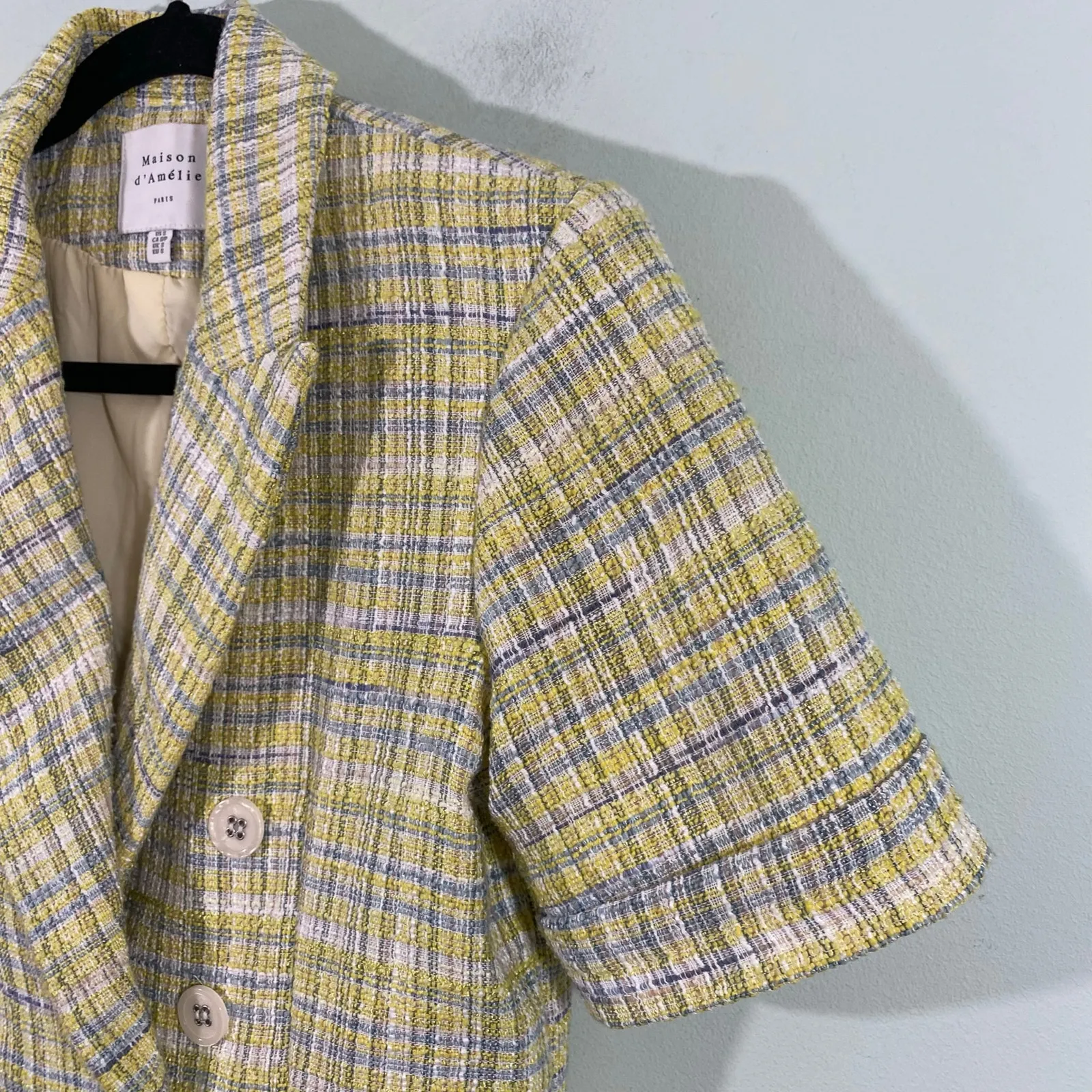 Maison D'Amelie Women Yellow & Green Tweed Short Sleeve Blazer Top Size S - Image 6