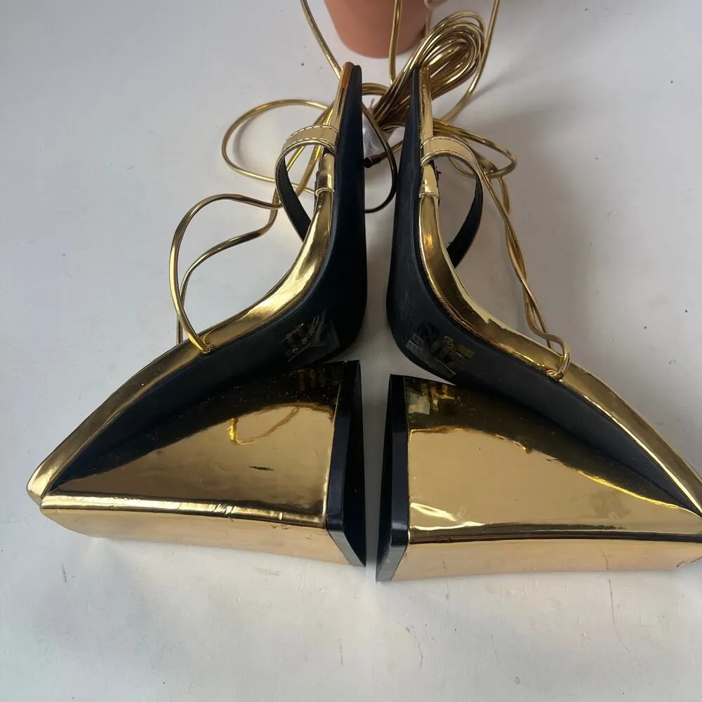 EGO Gold Lace Up Chunky Heeled Womens Sandals Shoes Size 5 Shiny Pointed - Image 5