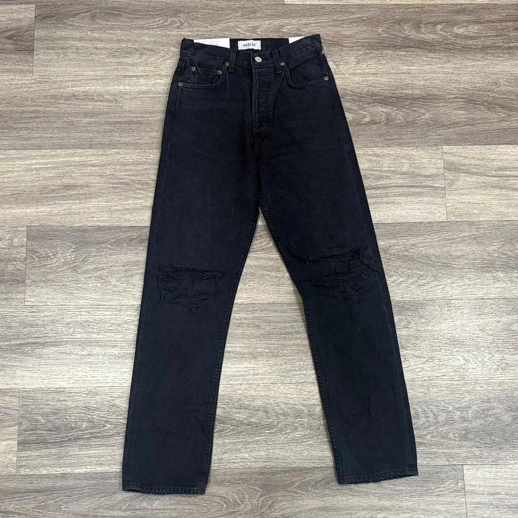 Agolde Black High Rise Straight Leg Jeans 90s Pinch Waist Distressed Knees 24 - Image 3