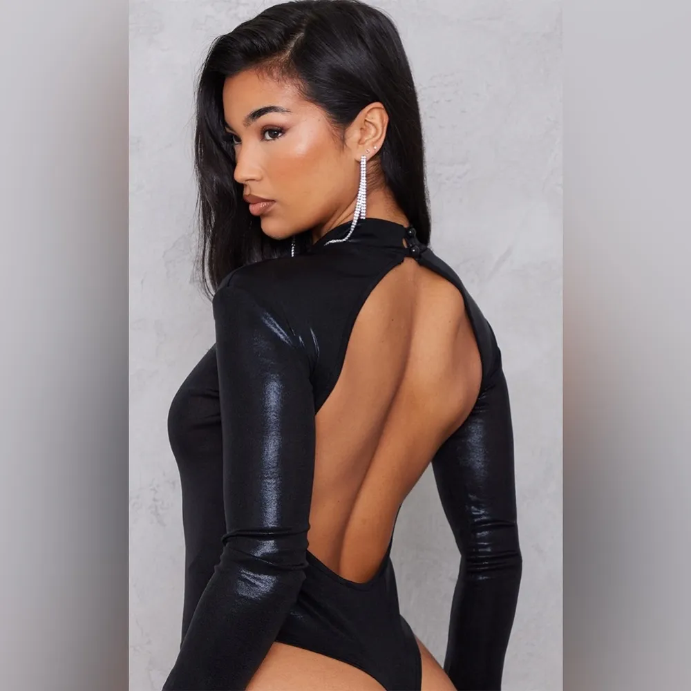 PrettyLittleThing Black Metallic High Neck Open Back Bodysuit, Size UK10 US6 NEW - Image 3