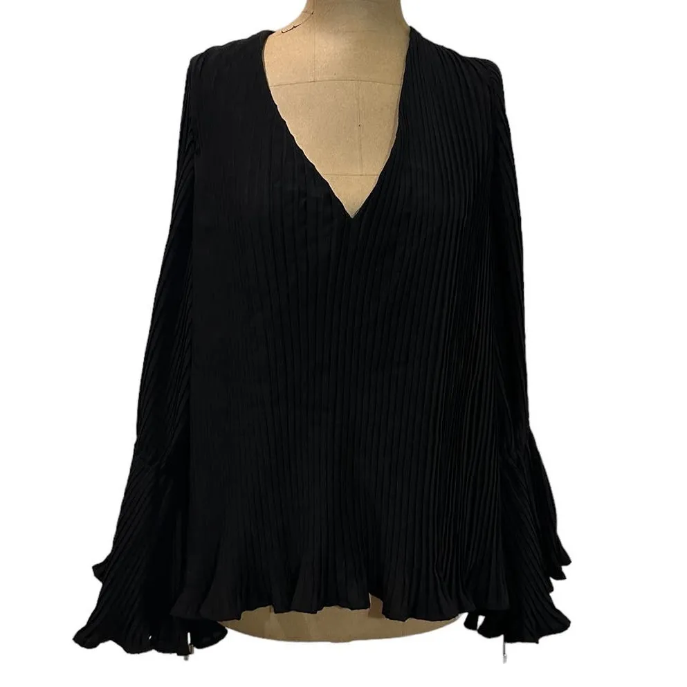 C/MEO Collective Blouse Revolve Black Pleated Long Bell Sleeve V-Neck Small - Image 4