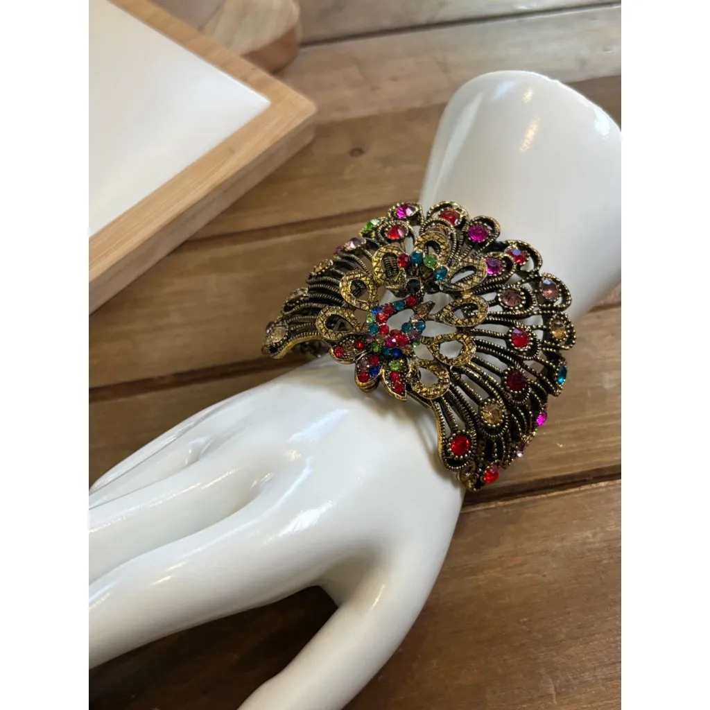 Vintage Gold Tone Multicolor Rhinestone Filigree Cuff Bracelet - Image 8