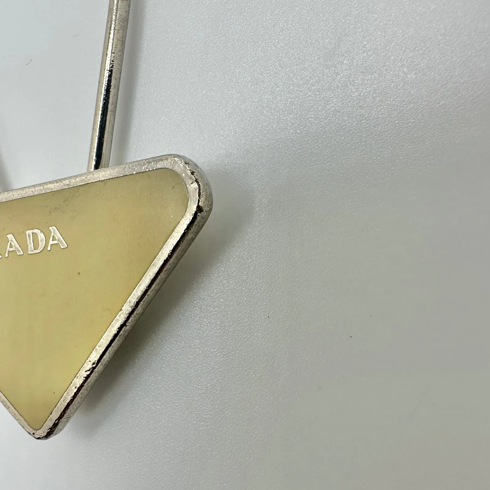 Authentic Prada Triangle Logo Key Ring Keychain Yellow Enamel Silver Tone - Image 4
