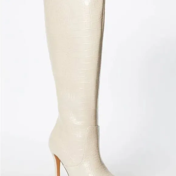 JustFab Cream Croc Heeled Boots - Image 5