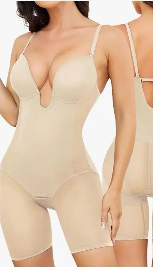 Slimers Body Shaper U Plunge Backless Mid Thigh Mesh strapless/straps size small Tan - Image 1