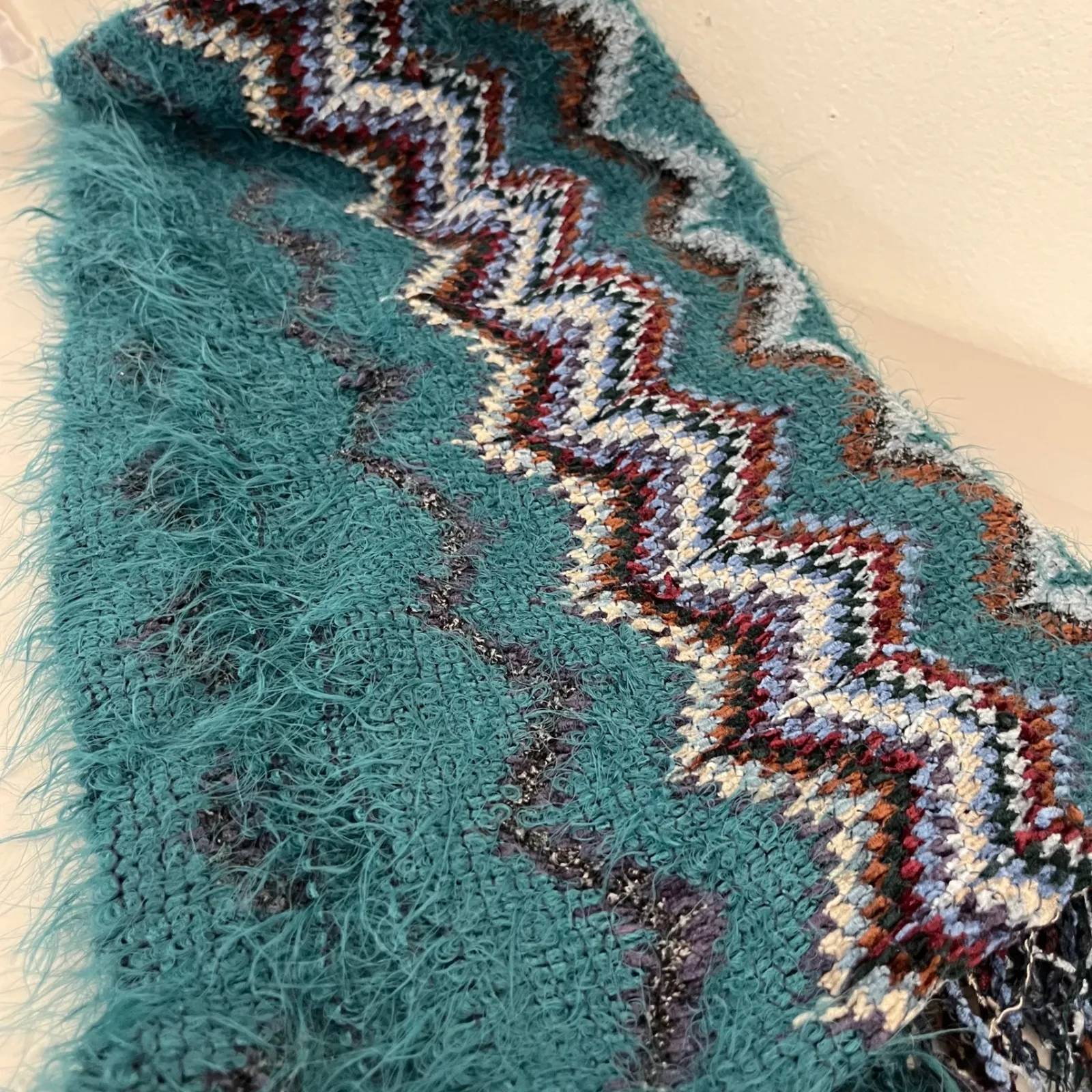 Missoni Sciarpe Teal Zigzag Pattern Long Fuzzy Scarf Textured Boho Luxury READ - Image 11
