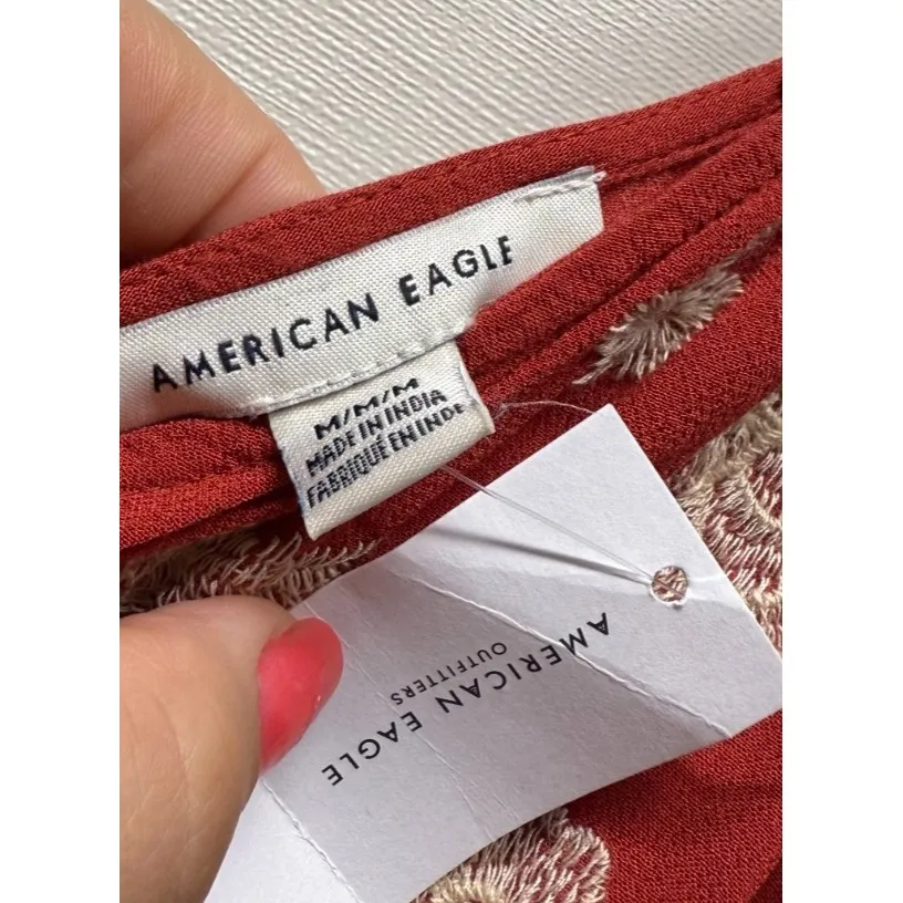 American Eagle‎ Wide Leg Jumpsuit M Sleeveless Boho Floral Embroidered Smock Red - Image 4