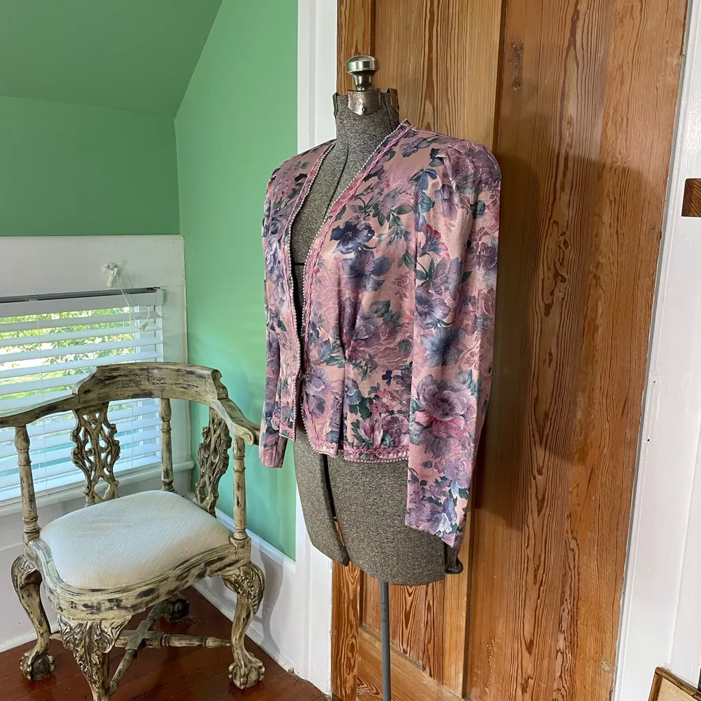 Vintage Nah Nah Collection Floral Rose Brocade Jacket Braided Trim Size M Pink Size M - Image 11