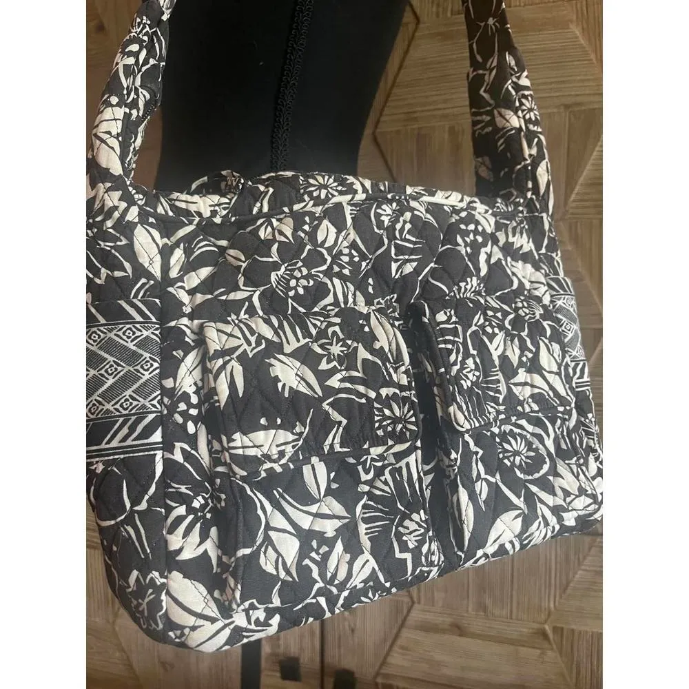 OK Womens Black & White Cotton Floral Shoulder Crossbody Bag Tote Travel - Image 4