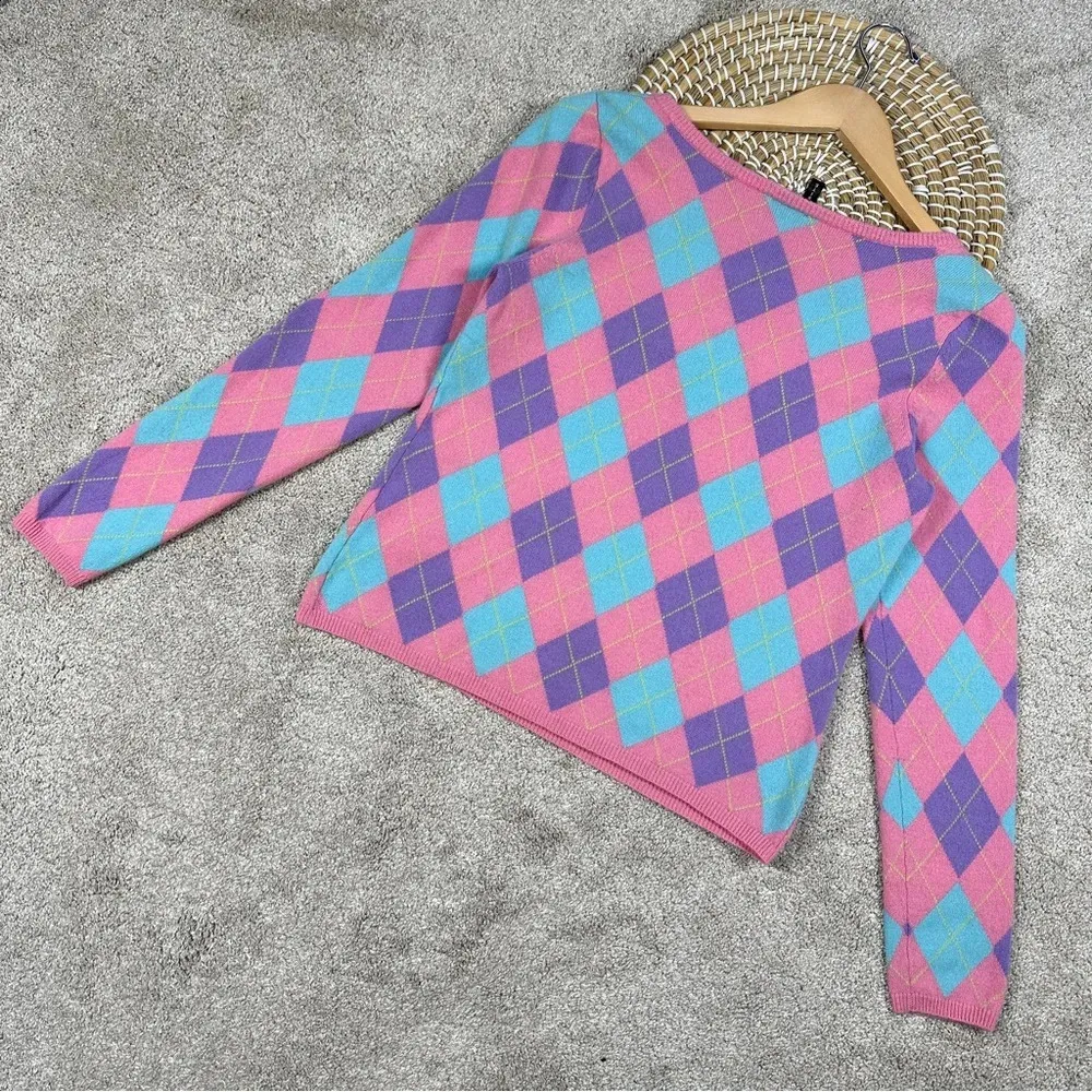 Exposite 100% Cashmere Sweater Long Sleeve Argyle Buffalo Plaid Check Pink L Size L - Image 5